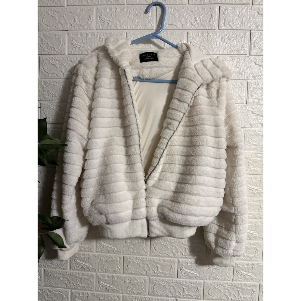 Love Tree Women White Faux Fur Hooded Zip Up Jacket Size L 8815JC
